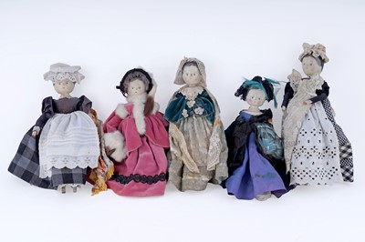 Lot 511 - Five Grodnertel type peg dolls in 19th Century fashion