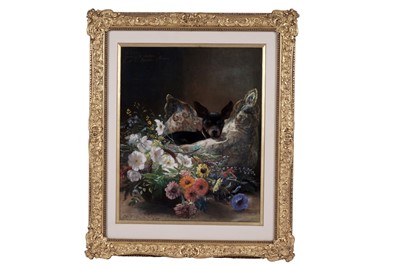 Lot 279 - Bernard Pegot - A black and tan chihuahua snuggles next to a basket of herbaceous flowers | pastel