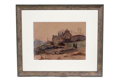 Lot 277 - Ludovic Rodo Pissarro - Two figures walking towards a building | watercolour