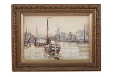 Lot 377 - Charles John de Lacy - Dutch harbour scene | watercolour