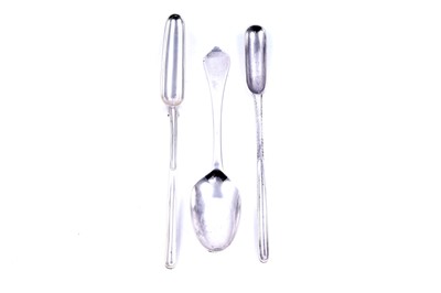 Lot 312 - Two silver marrow scoops; and a silver tablespoon