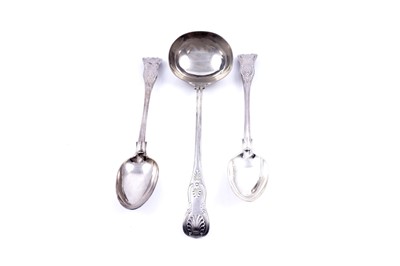 Lot 318 - A pair of Victorian silver basting spoons; and a silver soup ladle to match