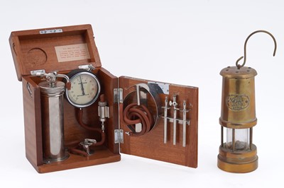 Lot 274 - A brass five bar miner’s lamp; and a ‘Miniature Pneumothorax Apparatus’