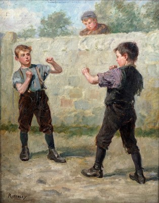 Lot 204 - Ralph Hedley - Boys boxing in the street | oil