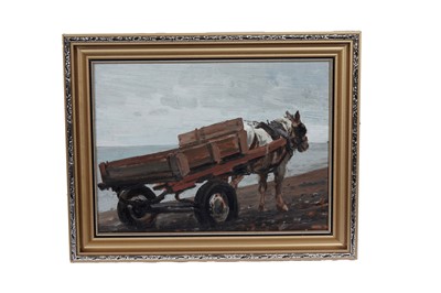 Lot 152 - John Peace - Beach scene with cart and pony | oil