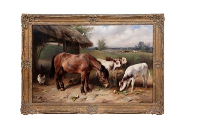 Lot 254 - Walter Hunt - A bay horse shares a farmyard meal | oil