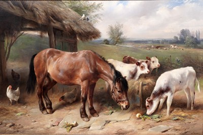 Lot 254 - Walter Hunt - A bay horse shares a farmyard meal | oil