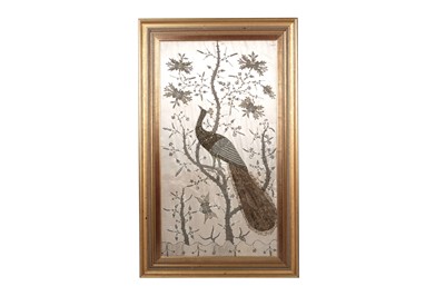 Lot 538 - A late 19th Century Indian Zardozi needlework picture depicting a peacock in the tree of life