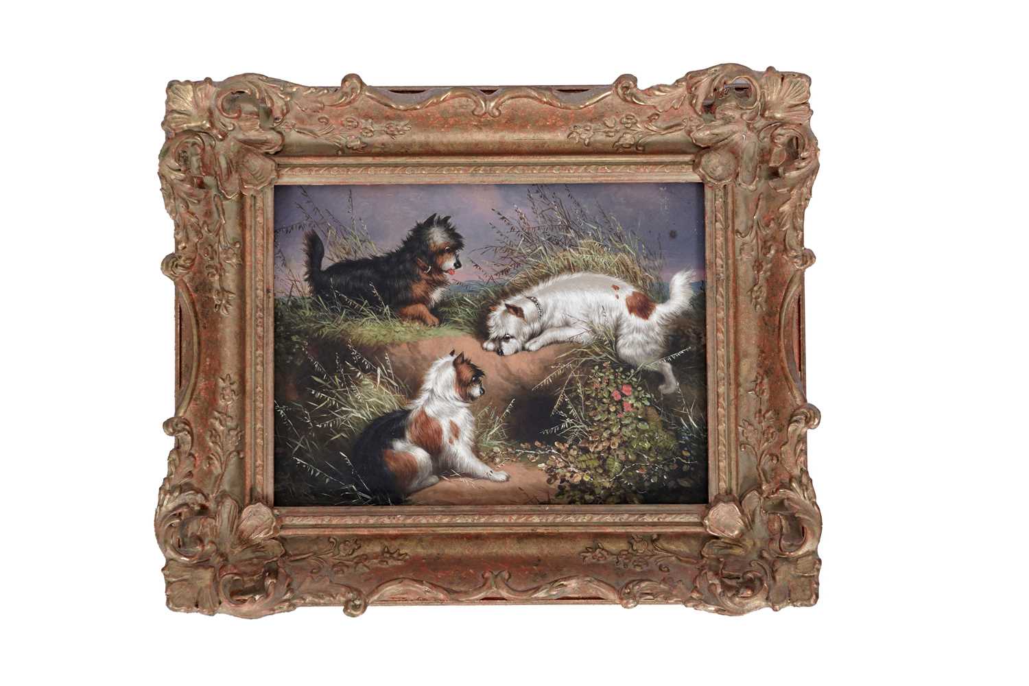 Lot 100 - After George Armfield - Three terriers at a rabbit hole | overpainted print