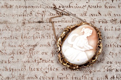 Lot 14 - A Victorian carved shell cameo brooch depicting the Greek goddess Hera