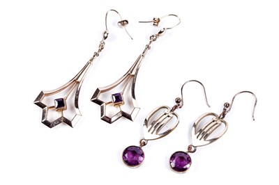 Lot 15 - A pair of Victorian Grand Period amethyst pendant earrings; and one further similar