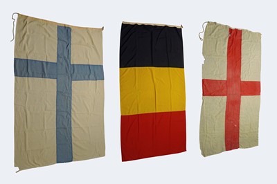 Lot 284 - A collection of three pieced linen flags: St Georges Cross, Finland and Belgium