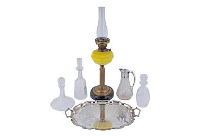 Lot 304 - A silver-plated serving tray; a Victorian oil lamp; and others