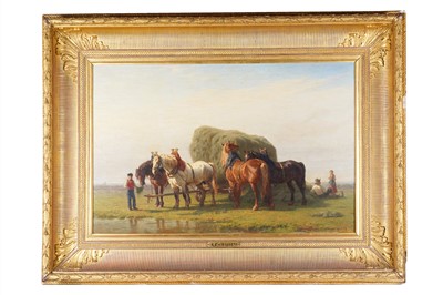 Lot 233 - Charles-Philogène Tschaggeny - Hay cart and horses by a stream | oil
