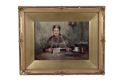 Lot 562 - Albert George Stevens - Portrait of a lady reading with a cup of tea | watercolour