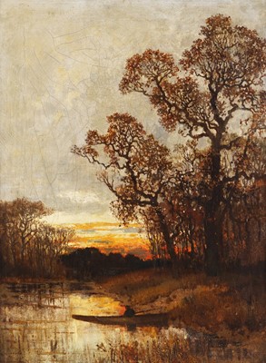 Lot 226 - Karl Heffner - Sunset with figure in a boat | oil