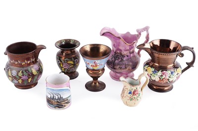 Lot 254 - A Victorian lustre jug; a selection of copper lustre ware; and other ceramics