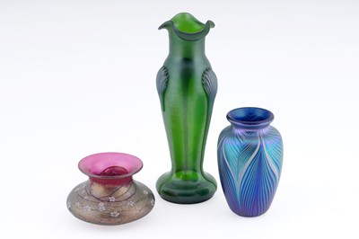 Lot 389 - Two Okra vases; and an early 20th Century Kralik green iridescent glass vase