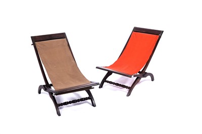 Lot 11 - A pair of brass-mounted teak folding campaign chairs