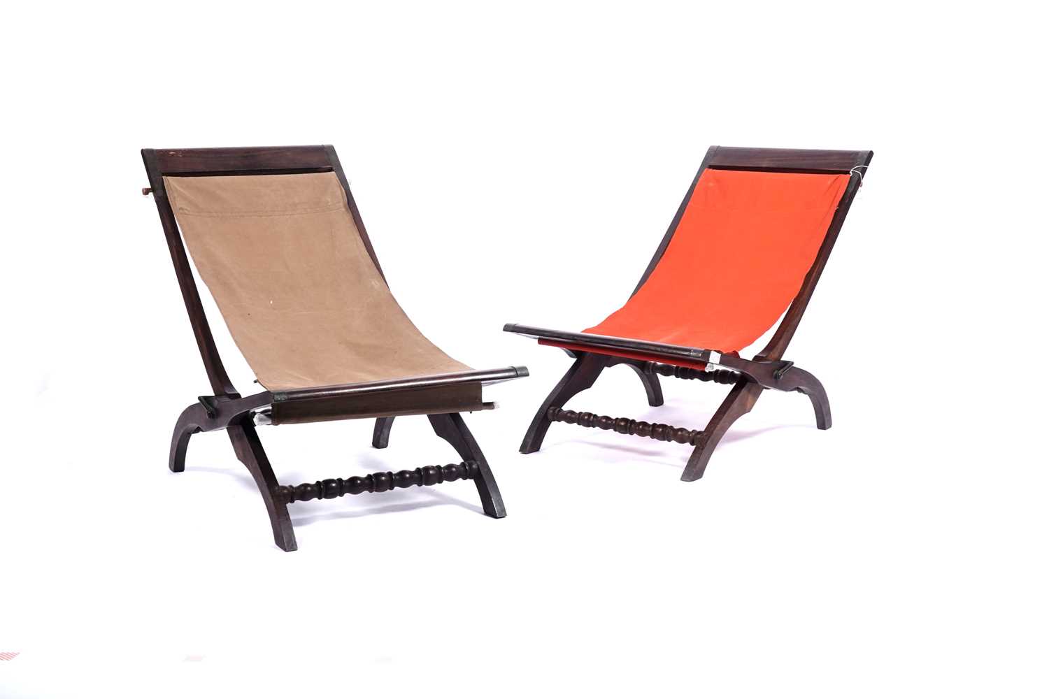 Lot 11 - A pair of brass-mounted teak folding campaign chairs