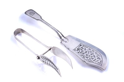 Lot 279 - A Victorian silver fish slice; and a pair of silver serving tongs
