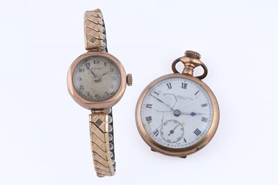 Lot 371 - A 1930s lady's 9ct gold cased Buren wristwatch, and a gold-plated fob watch