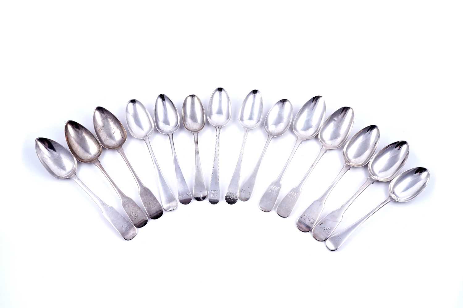 Lot 265 - Seven various George III/IV silver Fiddle pattern tablespoons; and seven others