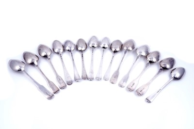 Lot 265 - Seven various George III/IV silver Fiddle pattern tablespoons; and seven others