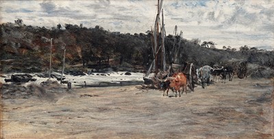 Lot 140 - George Sherwood Hunter - Porthaven 1873, Oxcart on the shore | oil