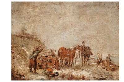 Lot 373 - George Sherwood Hunter after Adolf Shreyer - Packing a cart | oil