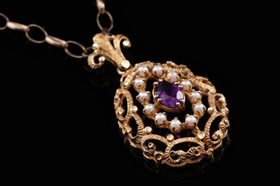Lot 278 - A 1970s Victoriana amethyst and seed pearl pendant on chain