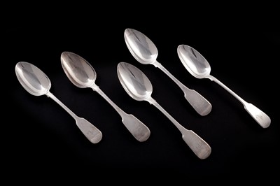 Lot 397 - Five Georgian fiddle pattern tablespoons