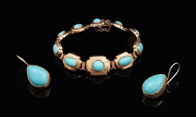 Lot 656 - A turquoise and yellow gold bracelet, and a pair of earrings