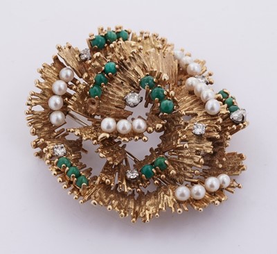 Lot 472 - Hooper Bolton: a turquoise, cultured pearl and diamond brooch