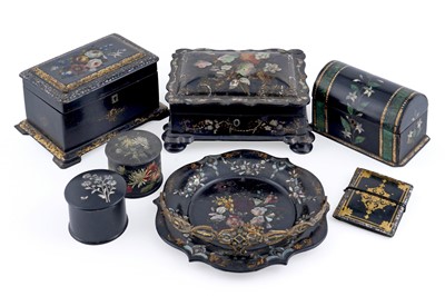 Lot 202 - Three Victorian papier-mache lidded boxes; and other items