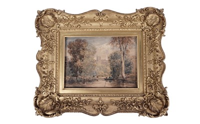 Lot 595 - David Cox - A view of a river below a castle | watercolour