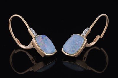 Lot 255 - A pair of Gilson opal and diamond pendant earrings