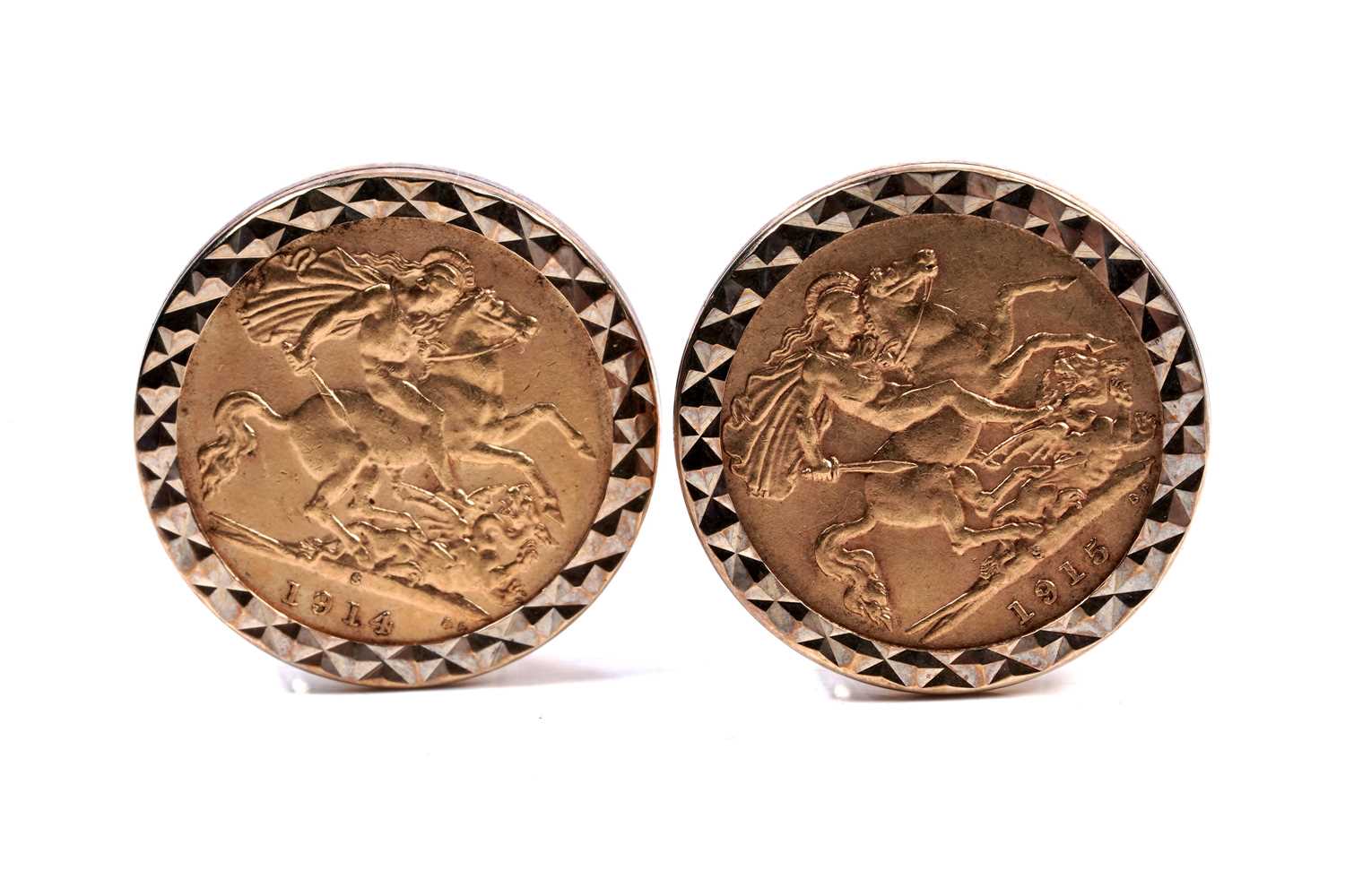 Lot 431 - Two George V gold half-sovereigns in 9ct yellow gold cufflink mounts