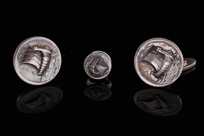 Lot 459 - A pair of Georg Jensen Longship pattern cufflinks; and a matching lapel badge