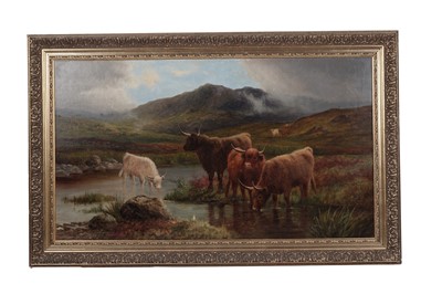 Lot 548 - A. Farquharson - Highland cattle watering in a stream | oil