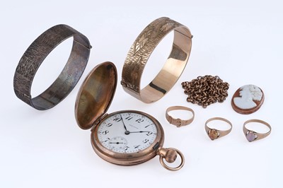 Lot 218 - Gold and silver jewellery including a garter pattern ring, neck chain, and Waltham pocket watch