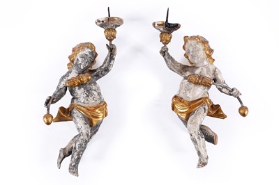 Lot 498 - A pair of early 19th Century continental carved pine and gesso wall sconces