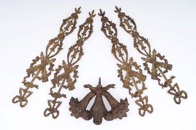 Lot 305 - A group of four late 19th Century gilt brass wall appliques; and gilded gesso fleur de lys finial