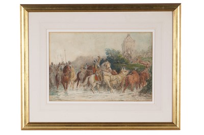 Lot 387 - H.H. Emmanuel - Harquebusiers leaving for battle with cattle in a stream | watercolour