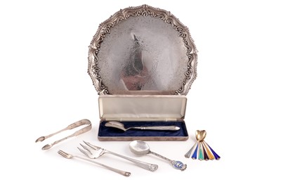 Lot 390 - Silver flatware including a David Andersen Norwegian spoon; and a salver