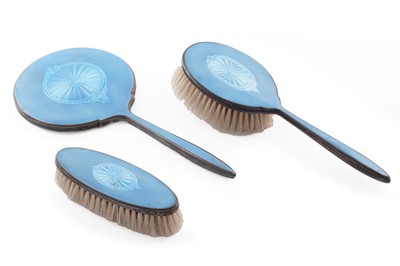 Lot 418 - A 1930s guilloche enamelled silver mirror and brush set