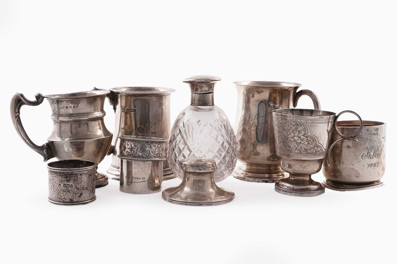 Lot 412 - Five silver Christening mugs, and other items