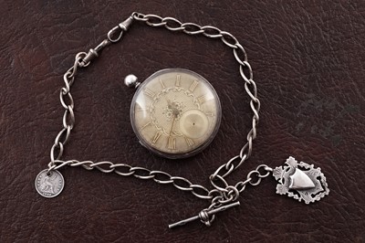 Lot 379 - A late Victorian silver cased pocket watch; and silver double "Albert" watch chain