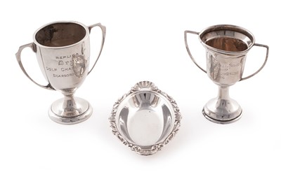 Lot 420 - Two miniature silver trophy cups; and a miniature silver salver