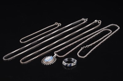 Lot 228 - A sapphire and diamond ring on 18ct white gold, and silver necklaces